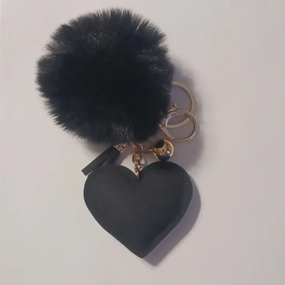 Black Heart Keychain with Pom Pom - Picture 2 of 2